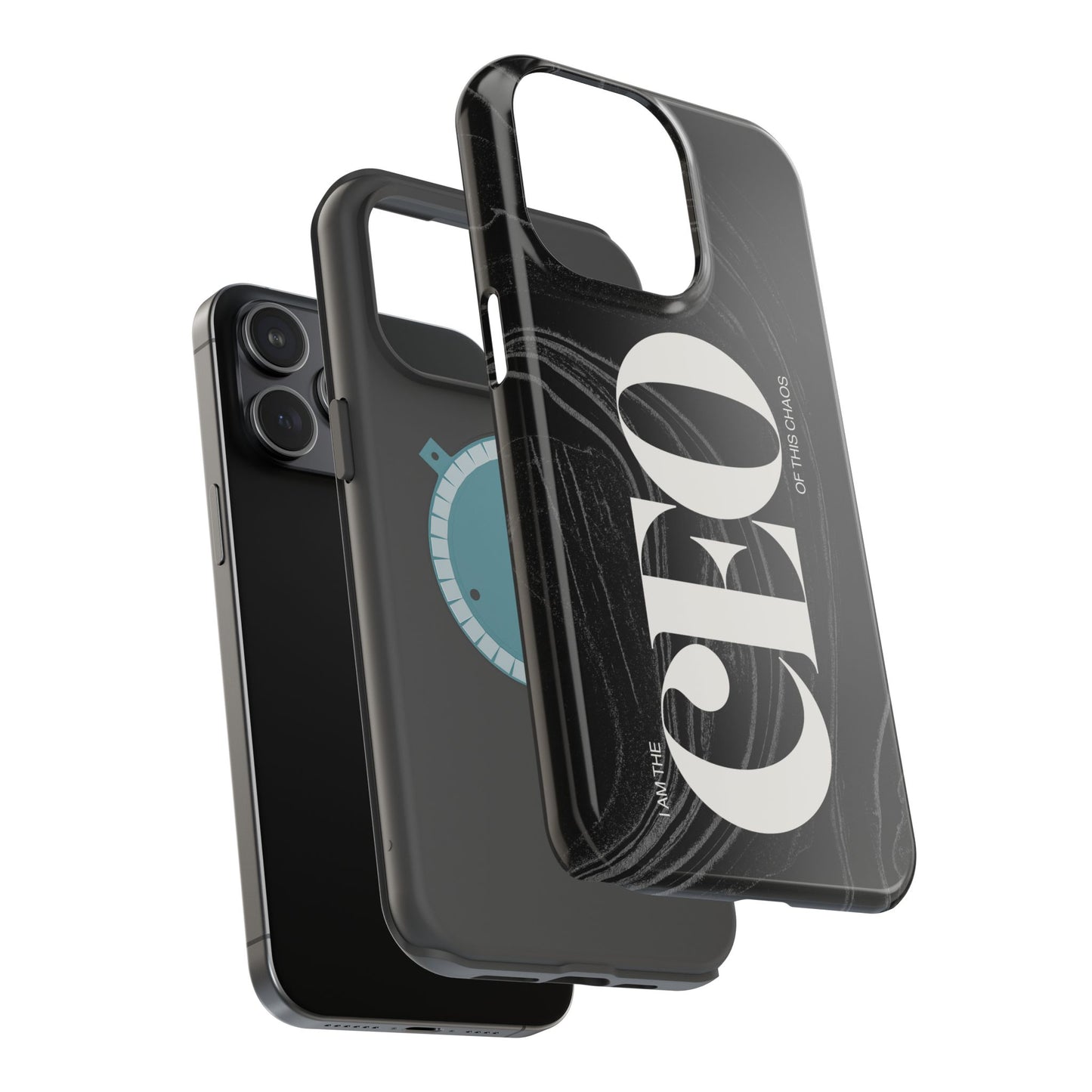 A MagSafe compatible iPhone case in black color with white text and design elements.