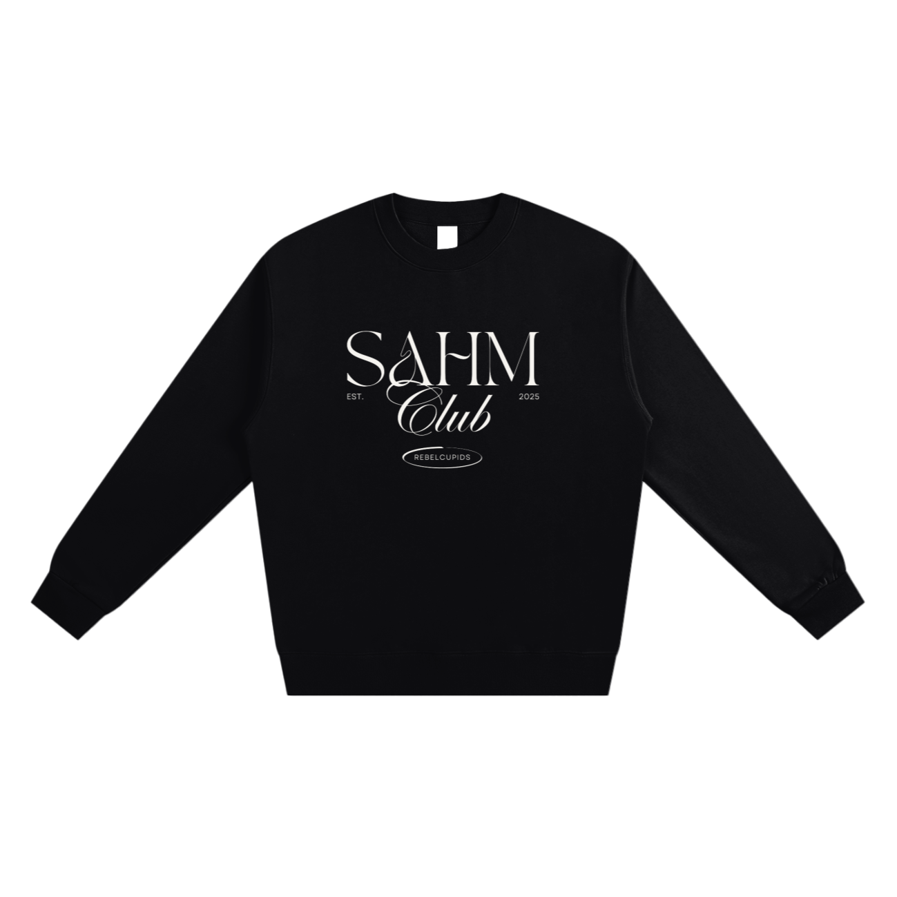 Black sweatshirt with 'SAHM Club' text on a white background