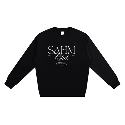 Black sweatshirt with 'SAHM Club' text on a white background