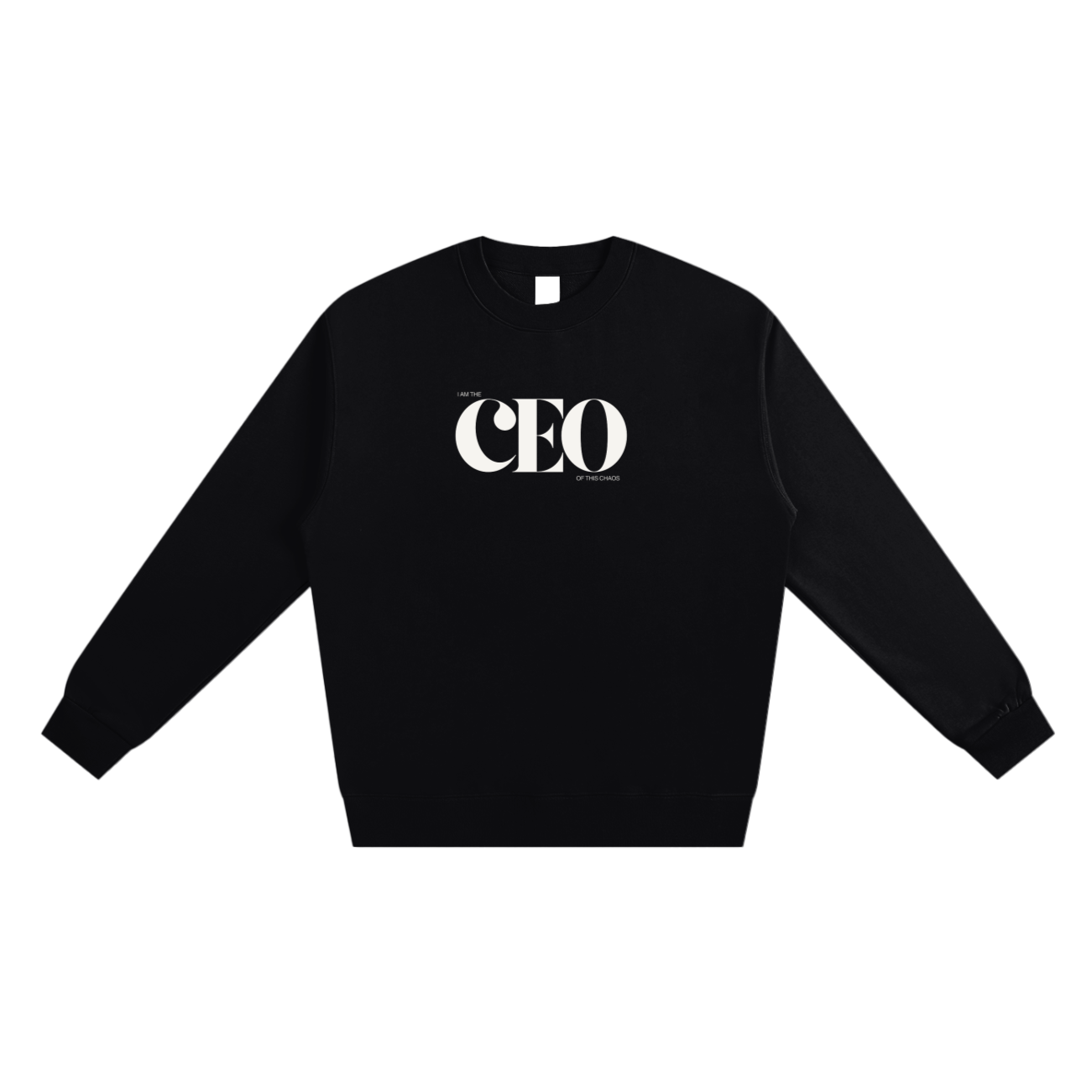 Black sweatshirt with 'CEO' printed on it against a white background