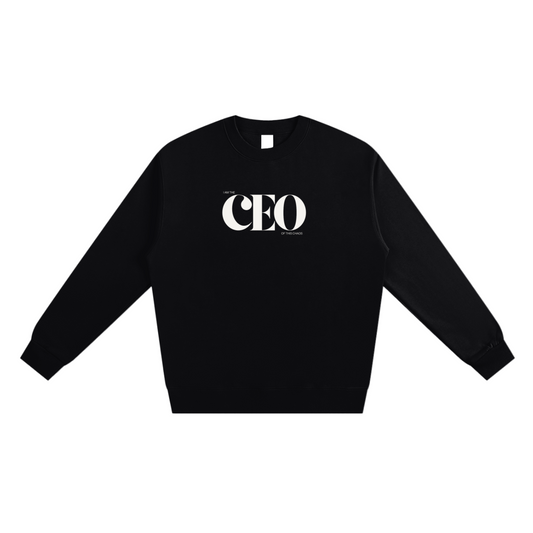 Black sweatshirt with 'CEO' printed on it against a white background