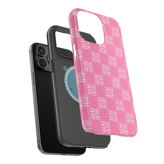 Pink phone case with white text pattern on a white background