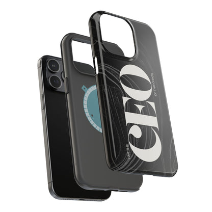 A MagSafe compatible iPhone case in black color with white text and design elements.