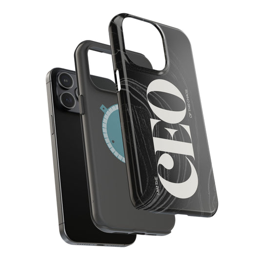 A MagSafe compatible iPhone case in black color with white text and design elements.