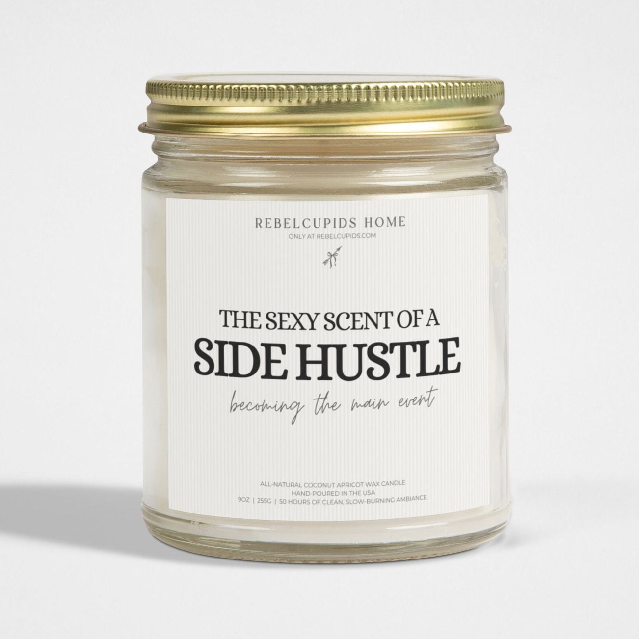 Candle jar with a label on a white background
