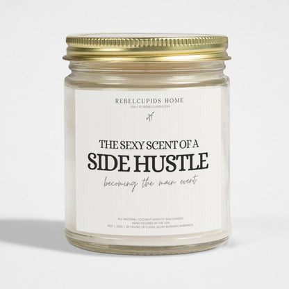 Candle jar with a label on a white background