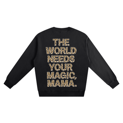 Black sweatshirt with gold text on a white background