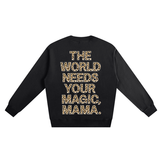Black sweatshirt with gold text on a white background