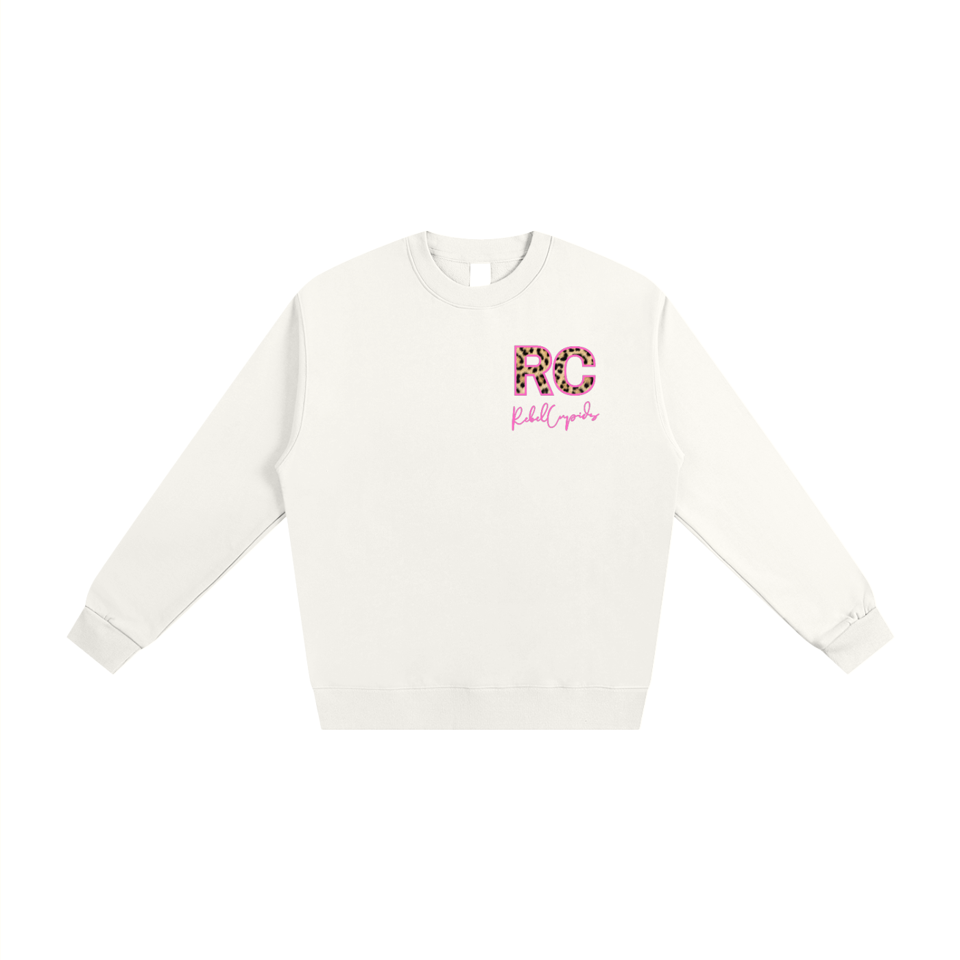 White sweatshirt with 'RC' logo on a white background